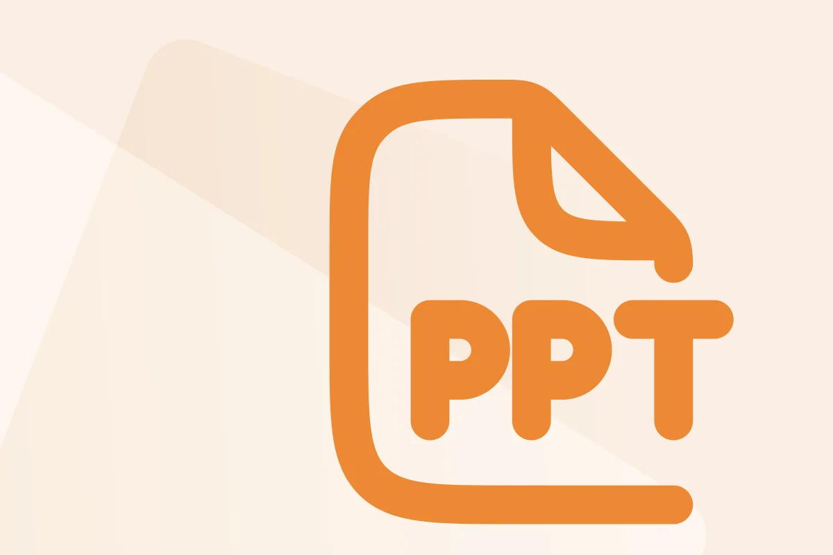Symbol mit Dokument und PPT-Schriftzug, steht für die Kategorie PowerPoint-Präsentationen, Symbolfarbe orange kennzeichnet Dateityp PPT.